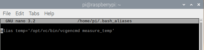 Example of bash_aliases file when adding temp alias on Raspberry Pi OS