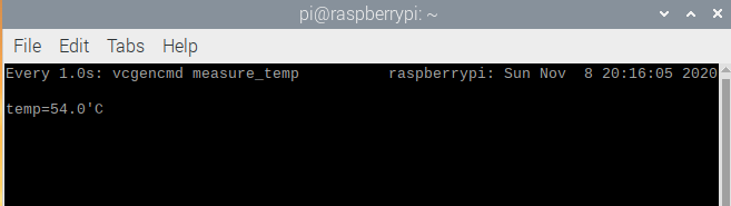 Raspberry Pi Terminal showing output from using watch -n1 vcgencmd measure_temp